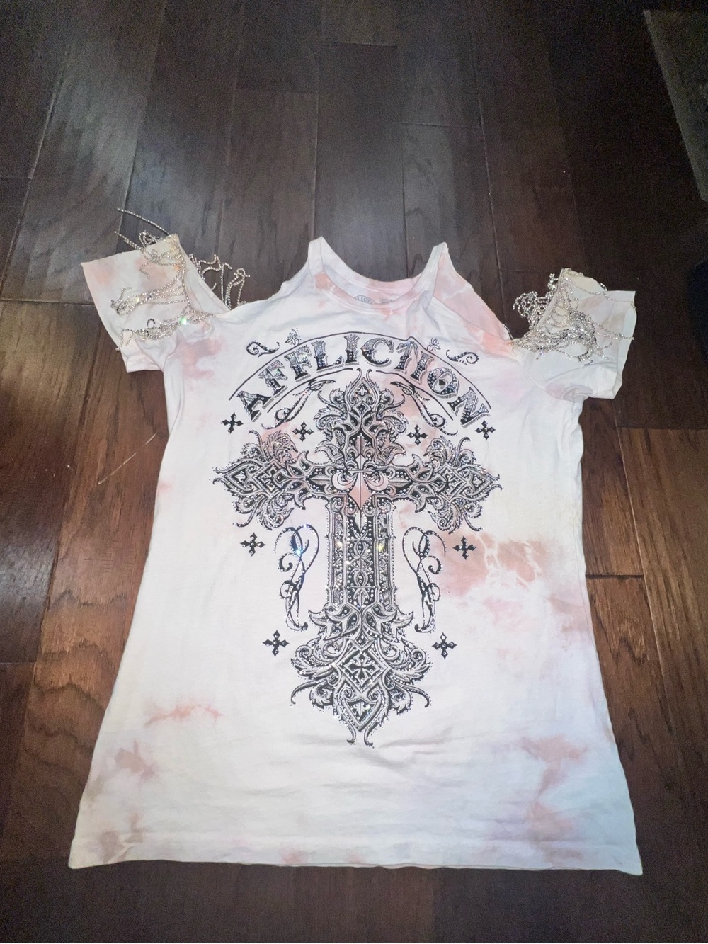 Affliction White and Pink Tie-Dye Cold-Shoulder Graphic Tee
